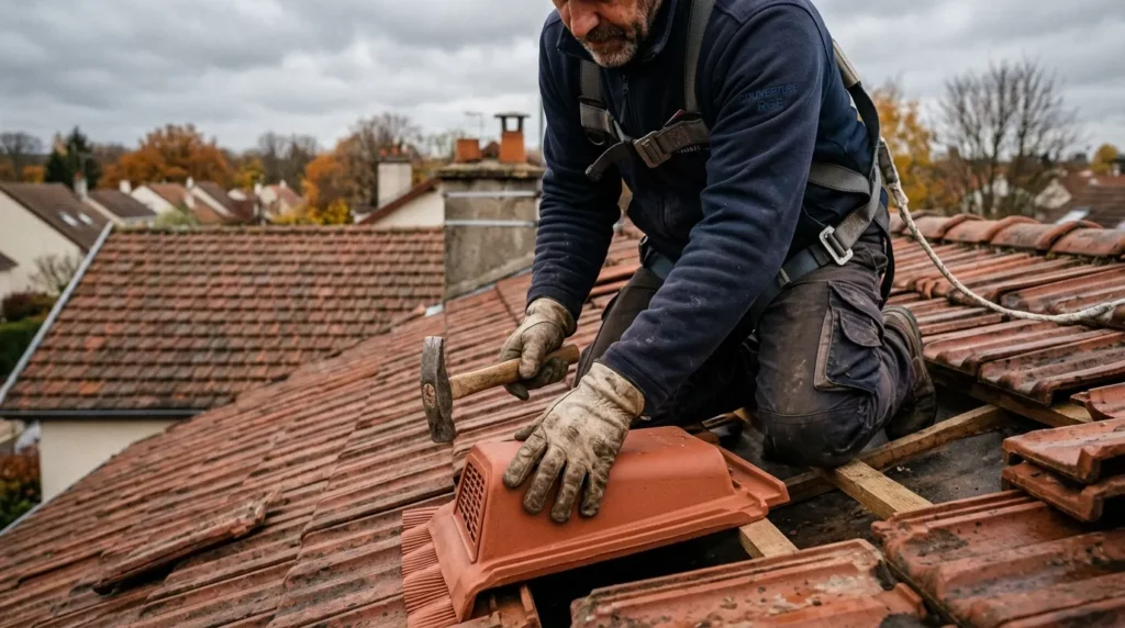Couvreur RGE Qualibat Yvelines posant une tuile de ventilation (chatière) sur une toiture en tuiles terre cuite — diagnostic et mise aux normes ventilation 2026 Couvreur Richard